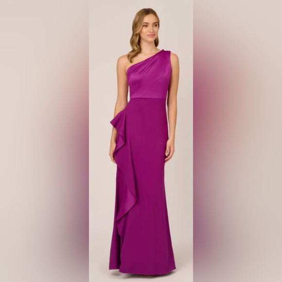 Adrianna Papell One Shoulder Sleeveless Cascading Ruffle Draped Orchid Gown NWT - Picture 5 of 10